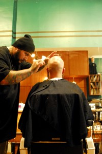 photo by Diane Kitanoski of barber shaving customer